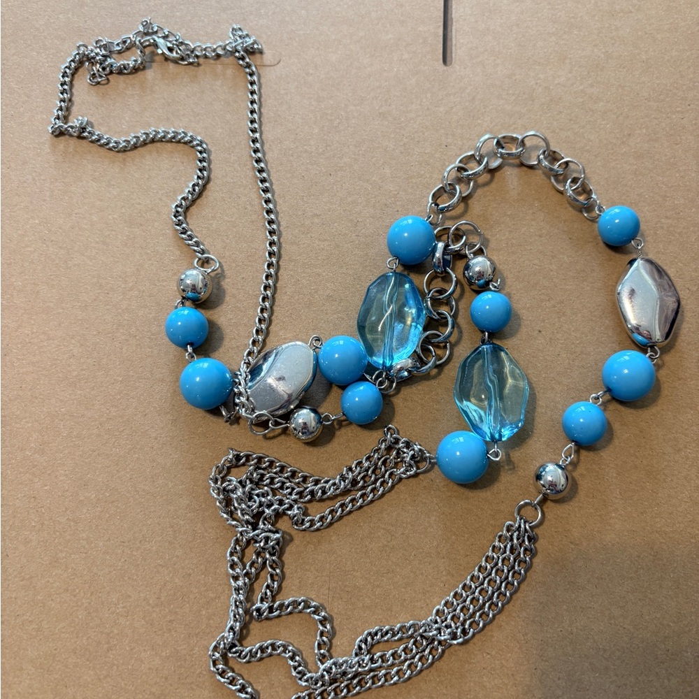 paparazzi Silver-Tone Necklace Set with Turquoise Blue Beads- super long